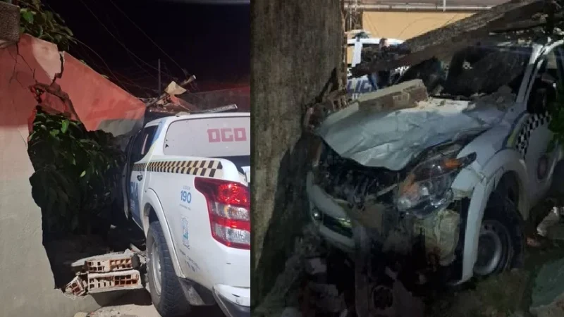 Viatura da PM colide em muro de residência durante perseguição em Parnaíba